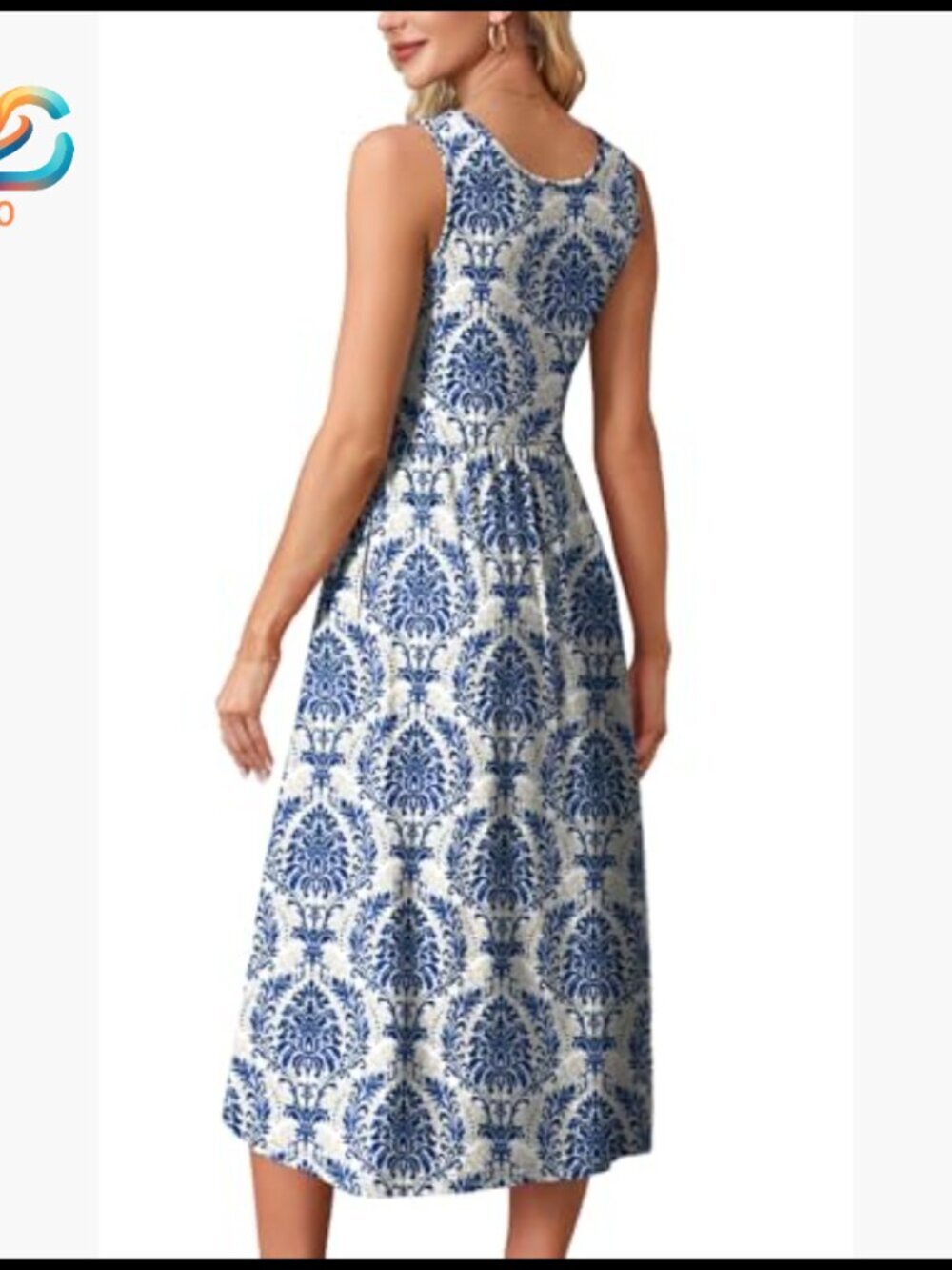 Flowy Midi Dress with Pockets, Casual Summer Vacation Sundress - Picture 5 of 7